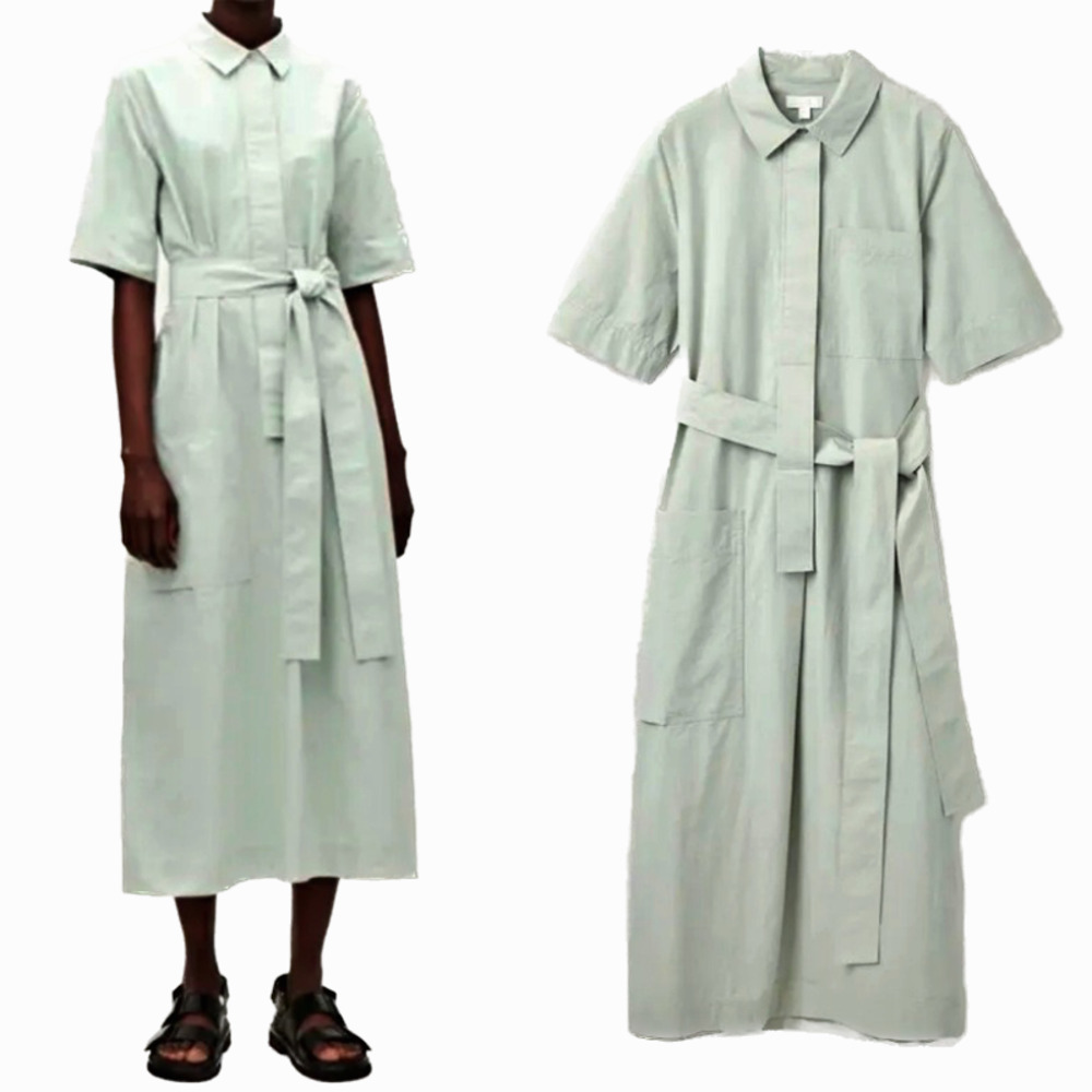 NWT COS Cotton Long Belted Midi Shirt Dress Chalk Green Size 12